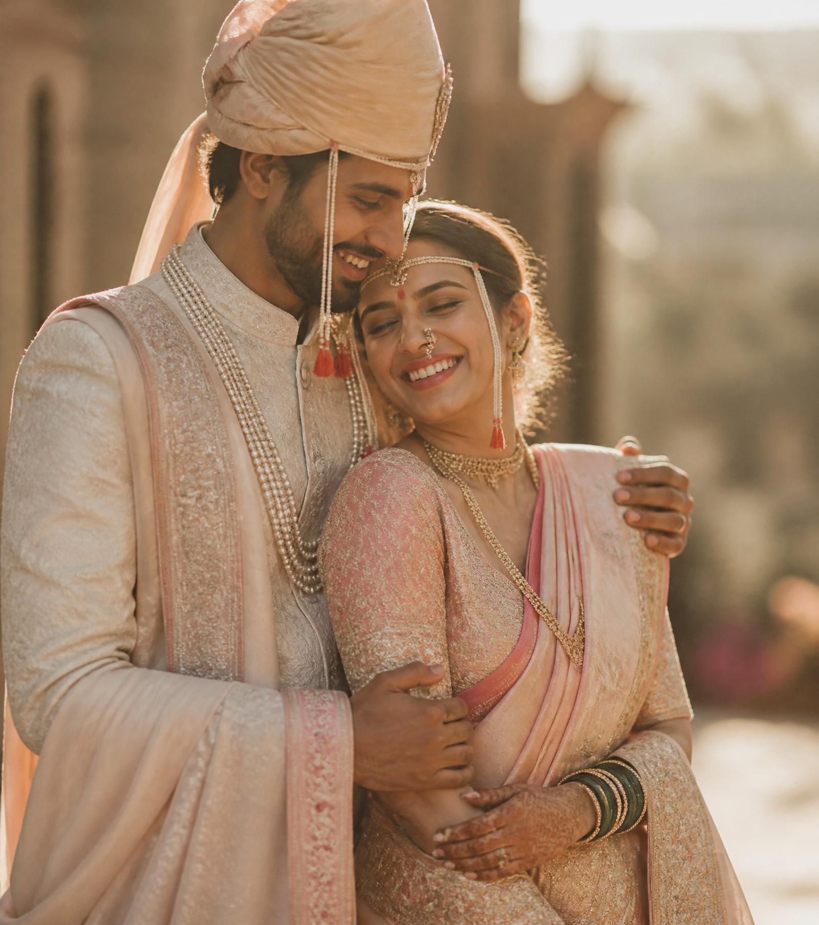 Maharashtrian couple sharing a joyful moment in warm golden light